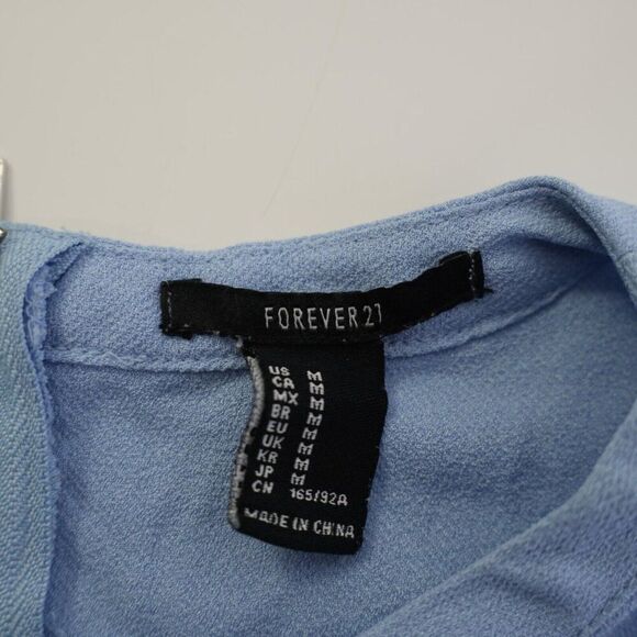 Forever 21 Crop Top Blouse Blue Crew Neck Short Sleeve Medium Polyester Back Zip - Picture 8 of 9